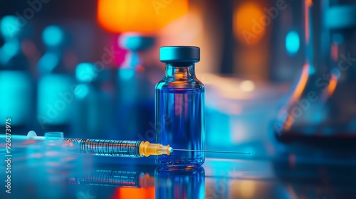 Medical Vaccine Vial and Syringe in Laboratory with Colorful Lighting for Scientific Research and Healthcare Concept