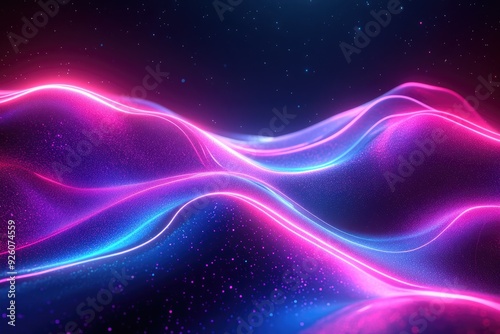 Abstract neon waves with sparkling particles. Perfect for futuristic and technology concepts.