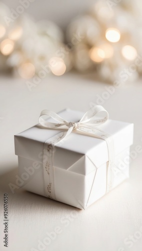Luxury white gift box with white ribbon against bokeh background, Wedding day, Valentine's Day, Holidays gifts concept, anniversary, birthday. Copy space template backdrop