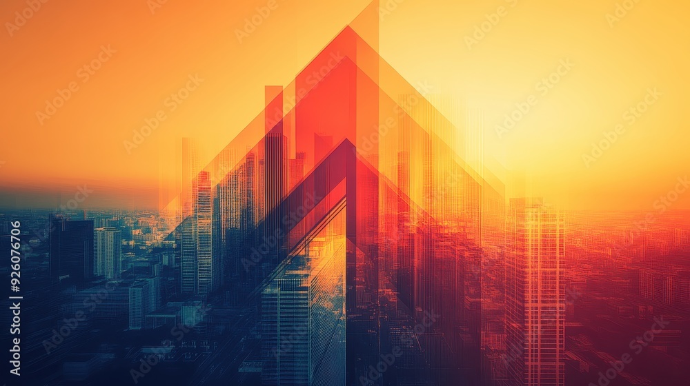 Abstract Cityscape with Geometric Shapes and Vibrant Sunset Colors, Modern Urban Skyline, Futuristic Architectural Design Abstract Cityscape with Geometric Shapes and Vibrant Sunset Colors, Modern Urban Skyline, Futuristic Architectural Design