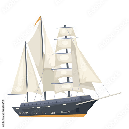 Image of a sailboat with multiple sails on a white background. The boat is depicted in a simplistic and clean graphic style. Concept of marine transportation and adventure. Vector illustration photo