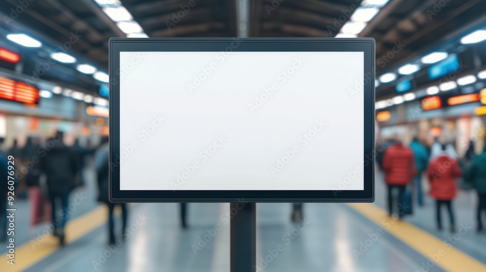 Blank Digital Advertising Screen in Busy Train Station with Blurred Commuters in Background Blank Digital Advertising Screen in Busy Train Station with Blurred Commuters in Background