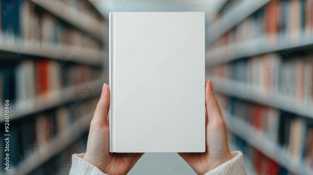 Hands Holding Blank White Book in Library Aisle with Shelves of Books in Background, Perfect for Mockups, Branding, and Design Projects Hands Holding Blank White Book in Library Aisle with Shelves of Books in Background, Perfect for Mockups, Branding, and Design Projects