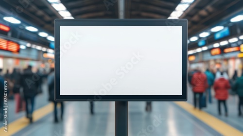 Blank Digital Advertising Screen in Busy Train Station with Blurred Commuters in Background