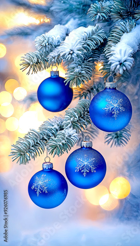 Beautiful background with Christmas and New Year decorations and blue glowing balls on a fir branch. Vertical winter Christmas picture. Christmas New Year's winter home fairytale holiday. 