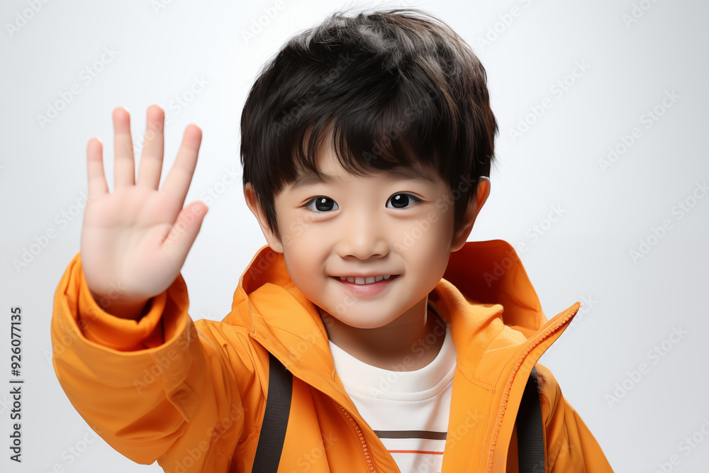 young Asian kid wearing a orange outfit, isolated on a white isolated background young Asian kid wearing a orange outfit, isolated on a white isolated background