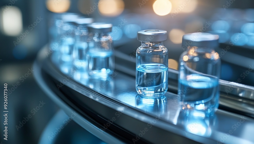 Medical Vials on Conveyor Belt in Pharmaceutical Manufacturing Facility