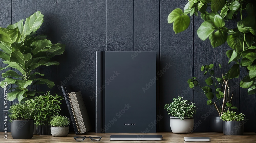 Fototapeta premium Modern Home Office Desk with Green Plants, Books, and Gadgets on Wooden Surface Against Dark Wall