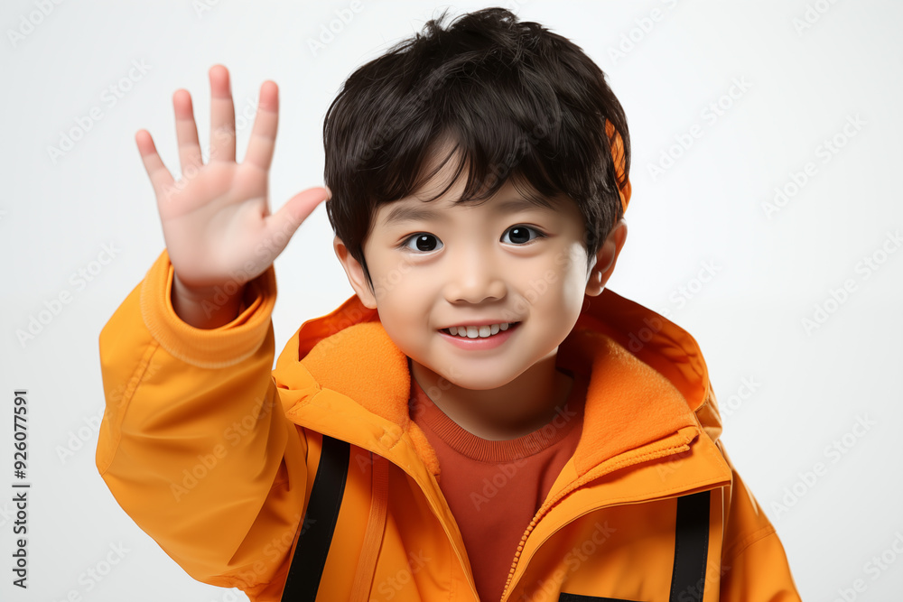 young Asian kid wearing a orange outfit, isolated on a white isolated background young Asian kid wearing a orange outfit, isolated on a white isolated background