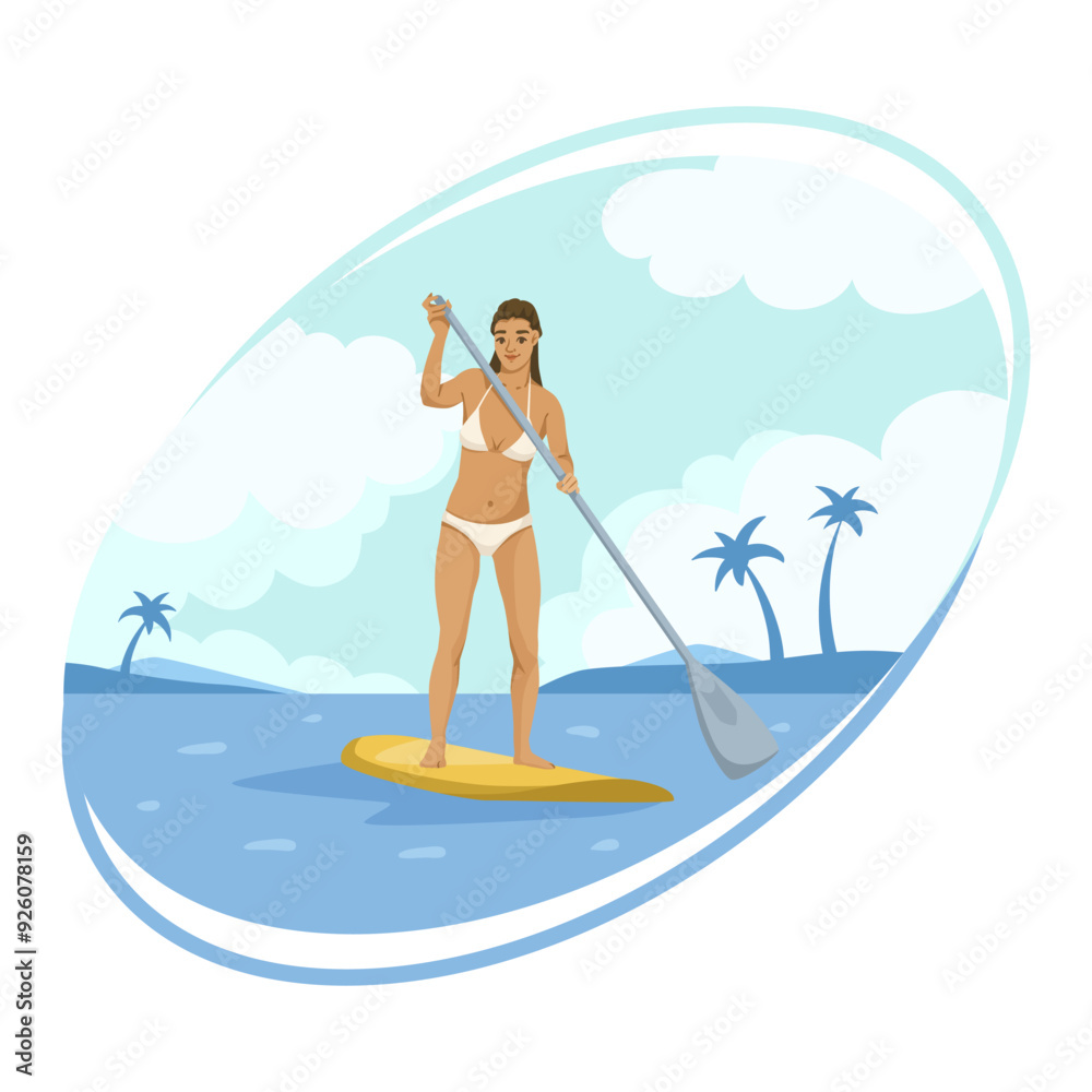 Woman paddleboarding in a tropical setting, wearing a bikini. Blue background with clouds, palm trees, and water. Concept of summer activity. Vector illustration Woman paddleboarding in a tropical setting, wearing a bikini. Blue background with clouds, palm trees, and water. Concept of summer activity. Vector illustration