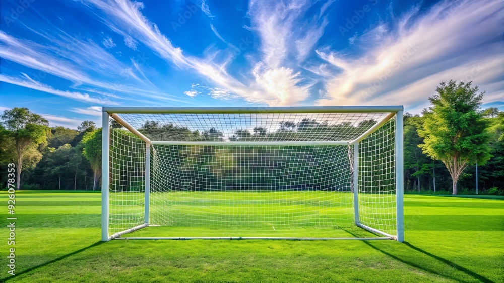 Fototapeta premium Soccer goal with net on green field , Soccer, goal, net, field, grass, sports, game, match, competition, football, outdoor