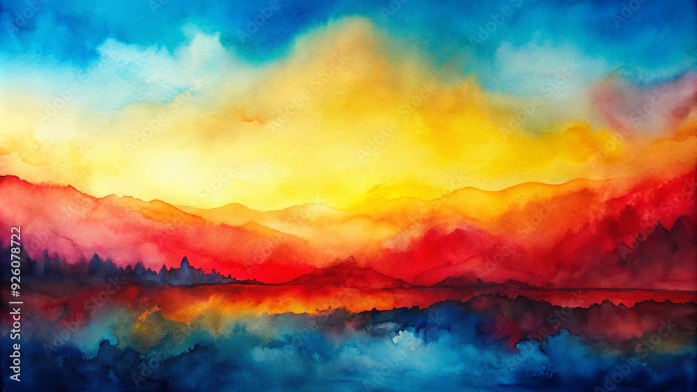 Abstract watercolor landscape featuring a vibrant gradient of red, yellow, and blue hues , watercolor, abstract, landscape, colorful Abstract watercolor landscape featuring a vibrant gradient of red, yellow, and blue hues , watercolor, abstract, landscape, colorful