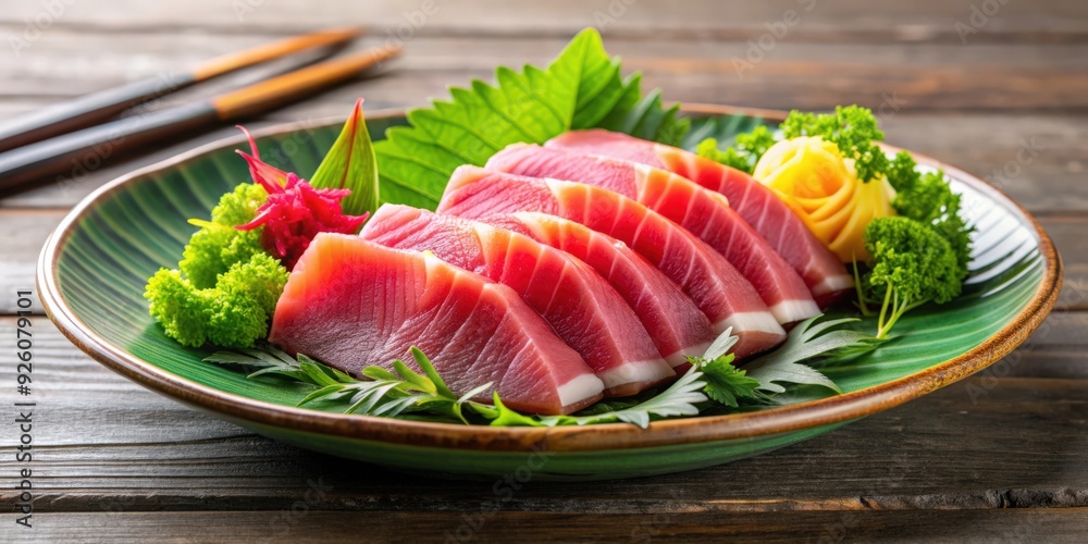 Fresh and delicious bullet tuna sashimi served on a plate, Bullet tuna, sashimi, Japanese food, seafood, raw fish, delicacy Fresh and delicious bullet tuna sashimi served on a plate, Bullet tuna, sashimi, Japanese food, seafood, raw fish, delicacy
