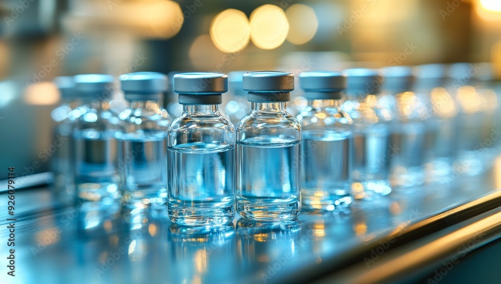 Row of Medical Vials on Production Line in Pharmaceutical Factory - Vaccine Bottles for Injection