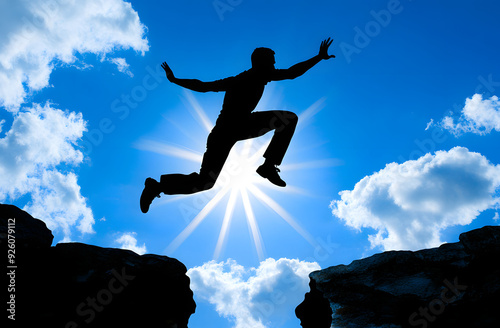 "Silhouette of a Man Jumping Over a Cliff"