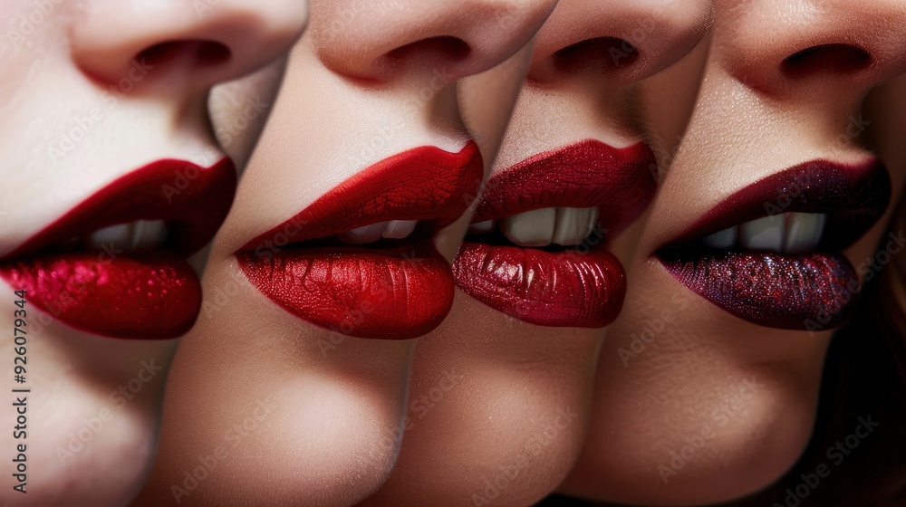 Obraz premium 7 different shadows of the red colour aplied on one lips. Close up. with generative ai