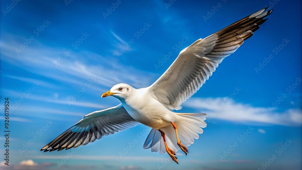 Fototapeta premium Seagull flying gracefully in the clear sky, seagull, bird, wildlife, nature, sky, flying, wings, graceful, beauty, peaceful