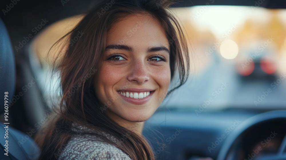 A young woman enjoys the drive, beaming with happiness and savoring the beautiful surroundings during golden hour A young woman enjoys the drive, beaming with happiness and savoring the beautiful surroundings during golden hour