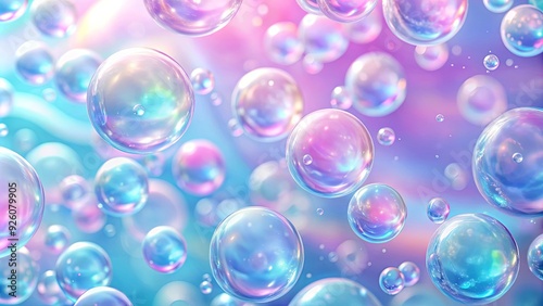 Abstract pastel pink and blue background with iridescent magical air bubbles, wallpaper with glass balls or water drops