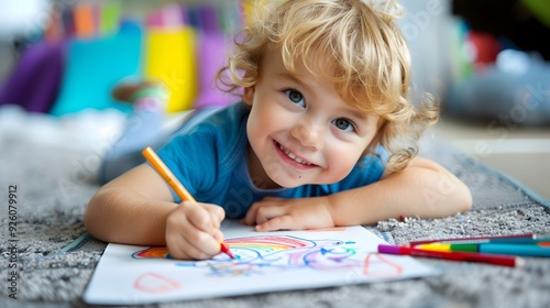 Happy Child Drawing with Crayons photo