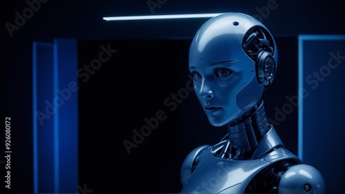 A cool, high-tech robot talks to a holographic screen, its shiny metal looks great under the gentle blue LED lights.