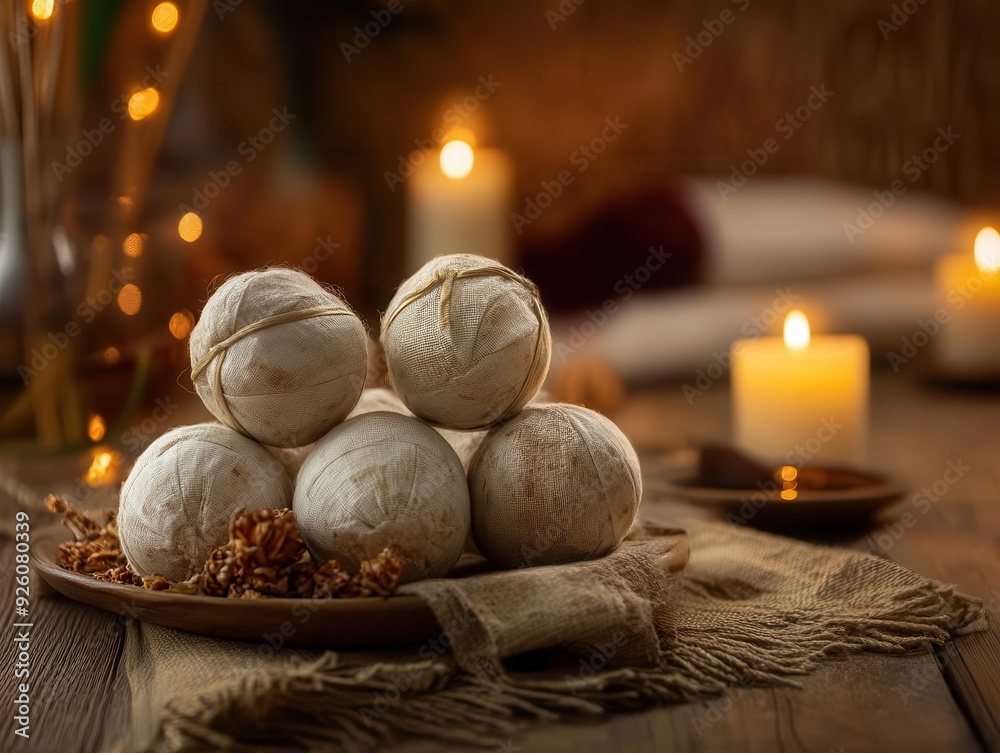 A serene arrangement of herbal bath balls placed on a wooden plate, surrounded by soft candlelight, creating a calming atmosphere. A serene arrangement of herbal bath balls placed on a wooden plate, surrounded by soft candlelight, creating a calming atmosphere.