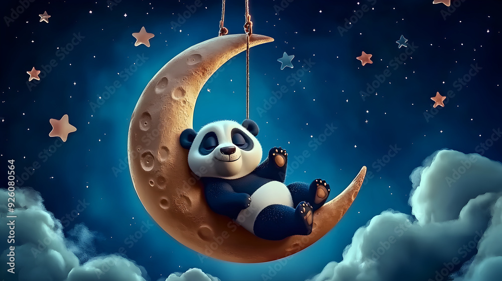 Fototapeta premium A cute panda bear is sleeping on a crescent moon in a night sky filled with stars and clouds.