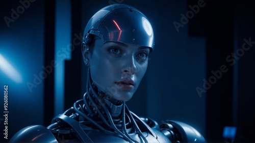 A sleek, futuristic AI robot interacts with a holographic display, its metallic finish gleaming under the soft blue LED lights