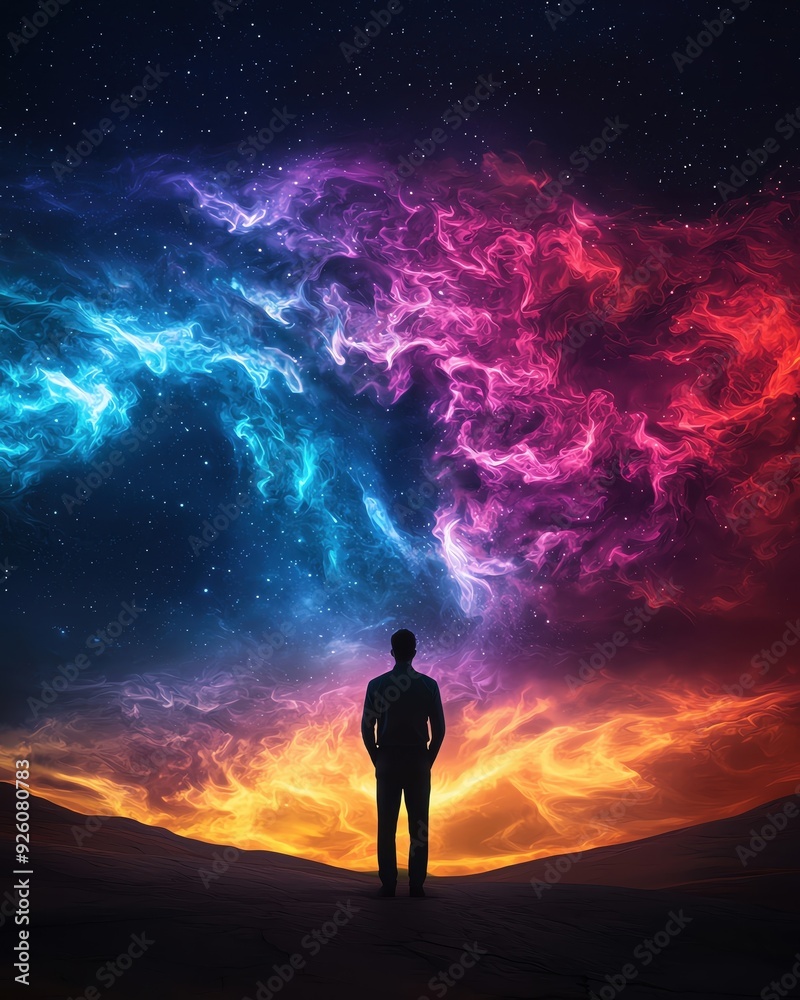 A solitary figure stands before a vibrant cosmic scene, embodying wonder and exploration amidst colorful swirling galaxies. A solitary figure stands before a vibrant cosmic scene, embodying wonder and exploration amidst colorful swirling galaxies.