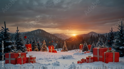 A landscape with Christmas trees and filled with presents | A landscape filled with presents 