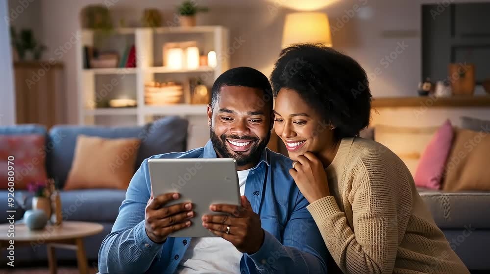 A couple enjoys a video call on their tablet, smiling and connecting with loved ones from the comfort of their home A couple enjoys a video call on their tablet, smiling and connecting with loved ones from the comfort of their home
