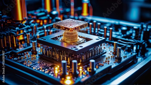 A cutting-edge quantum computer sits at the heart of a high-tech laboratory, surrounded by complex circuitry and superconducting qubits