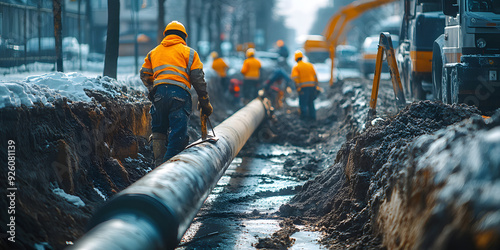 Construction of drinking water plumbing pipeline repair in winter time concept. Workers install underground pipes for water, sewerage electricity and fiber optics for the population of an urban center