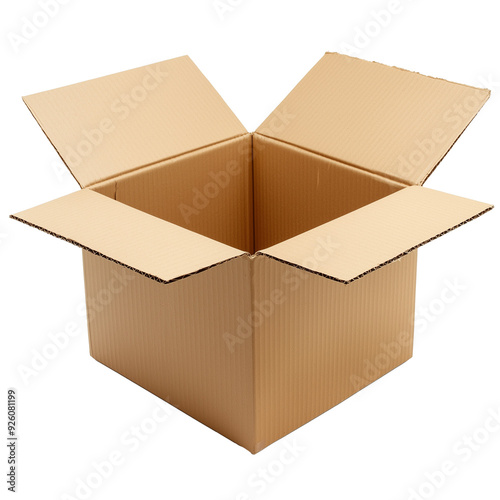Open cardboard box isolated on transparent background, PNG. Moving, gift or parcel box with empty space.