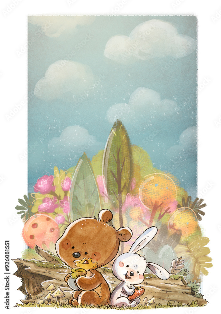 Fototapeta premium Bear and rabbit eating carrot and honey in the forest