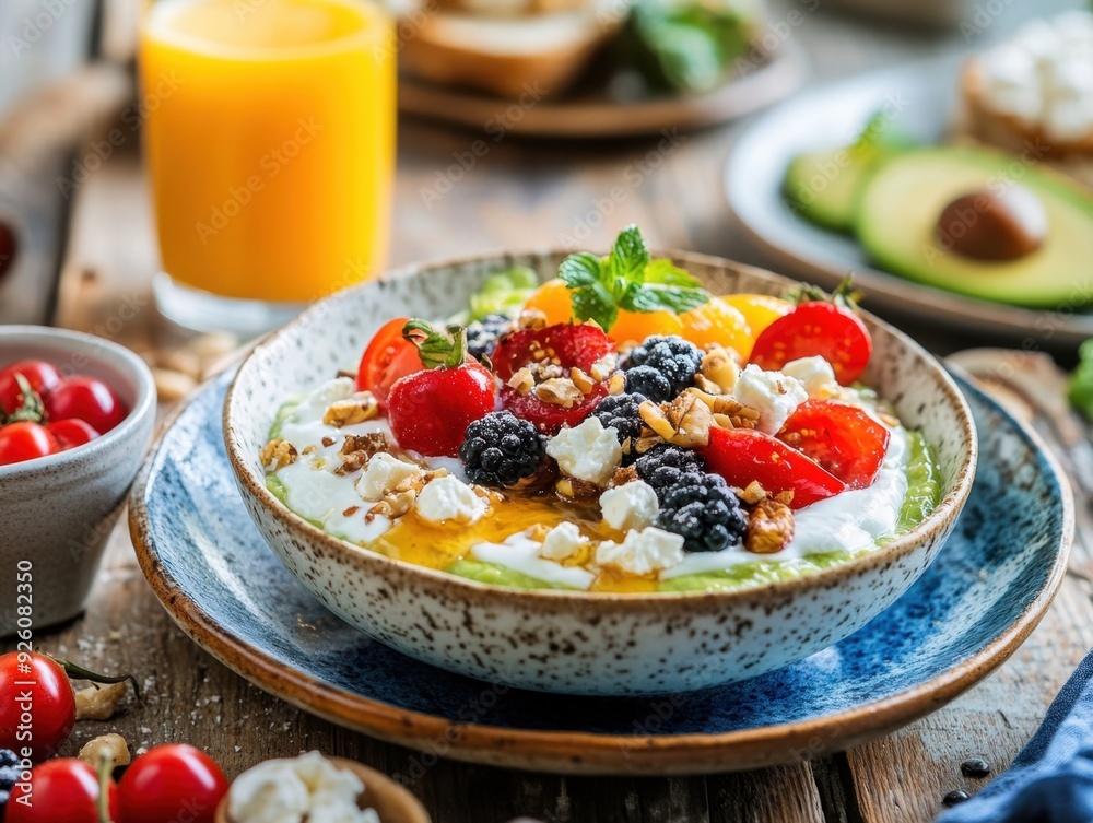 A colorful breakfast bowl with fruits, yogurt, and nuts, alongside fresh juice and tomatoes. A colorful breakfast bowl with fruits, yogurt, and nuts, alongside fresh juice and tomatoes.