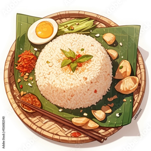 Illustration of a Plate of Nasi Lemak with an Egg, Fried Onions, Chili, and Herbs Generated with Ai