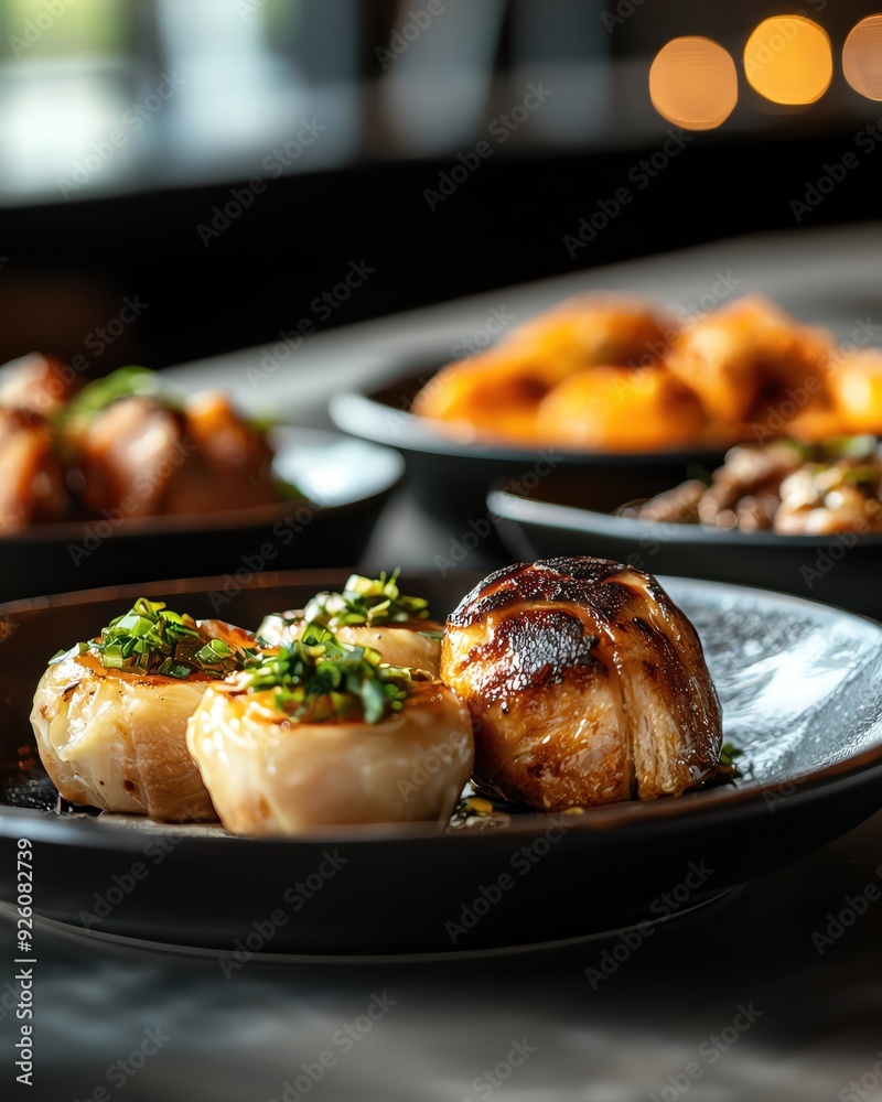 Delicious dumplings served on a stylish plate, showcasing culinary art and vibrant colors in an inviting setting. Delicious dumplings served on a stylish plate, showcasing culinary art and vibrant colors in an inviting setting.
