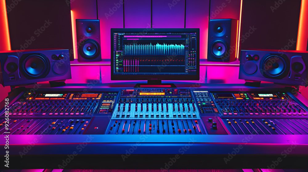 Audio Mixing Console In A Neon Lit Studio. Audio Mixing Console In A Neon Lit Studio.
