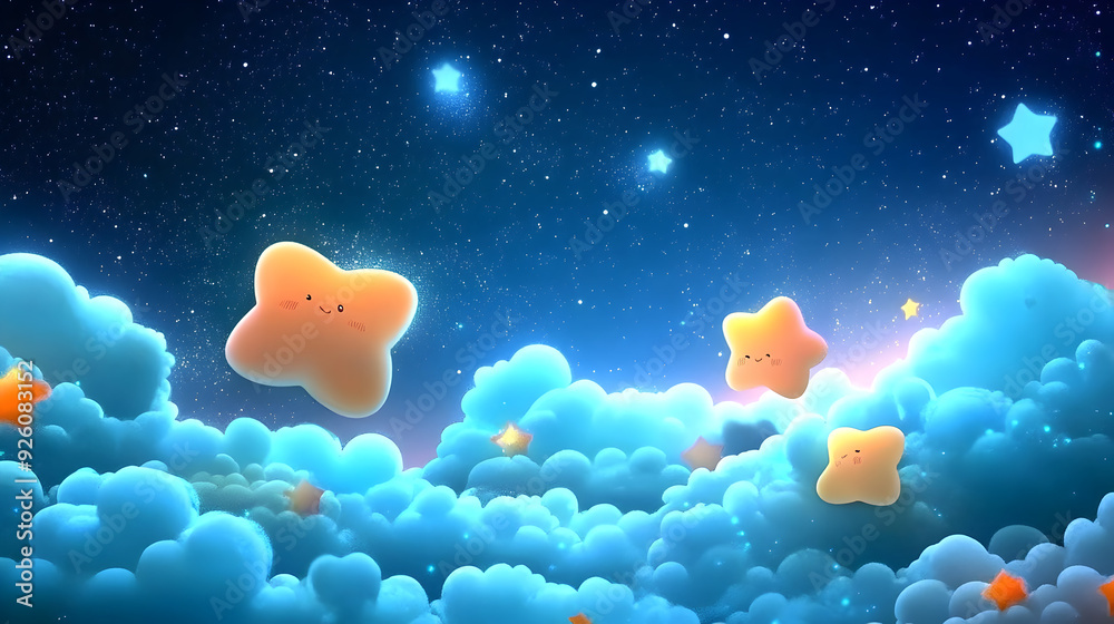 Cartoon stars with smiling faces floating among puffy clouds in a starry night sky. Cartoon stars with smiling faces floating among puffy clouds in a starry night sky.