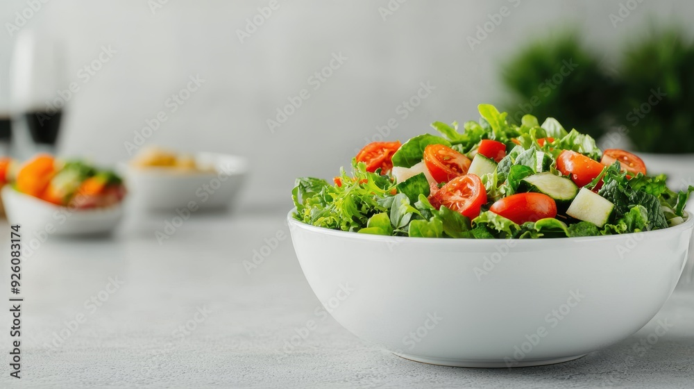 Fresh and Healthy Mixed Green Salad with Cherry Tomatoes and Cucumbers in a White Bowl on a Light Gray Background Fresh and Healthy Mixed Green Salad with Cherry Tomatoes and Cucumbers in a White Bowl on a Light Gray Background