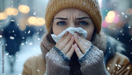 Young Woman with Cold or Flu Blowing Nose Outside During Snowfall in Urban Winter Cityscape photo