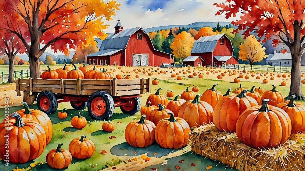 Watercolor painting of a red barn with a wagon full of pumpkins in ...