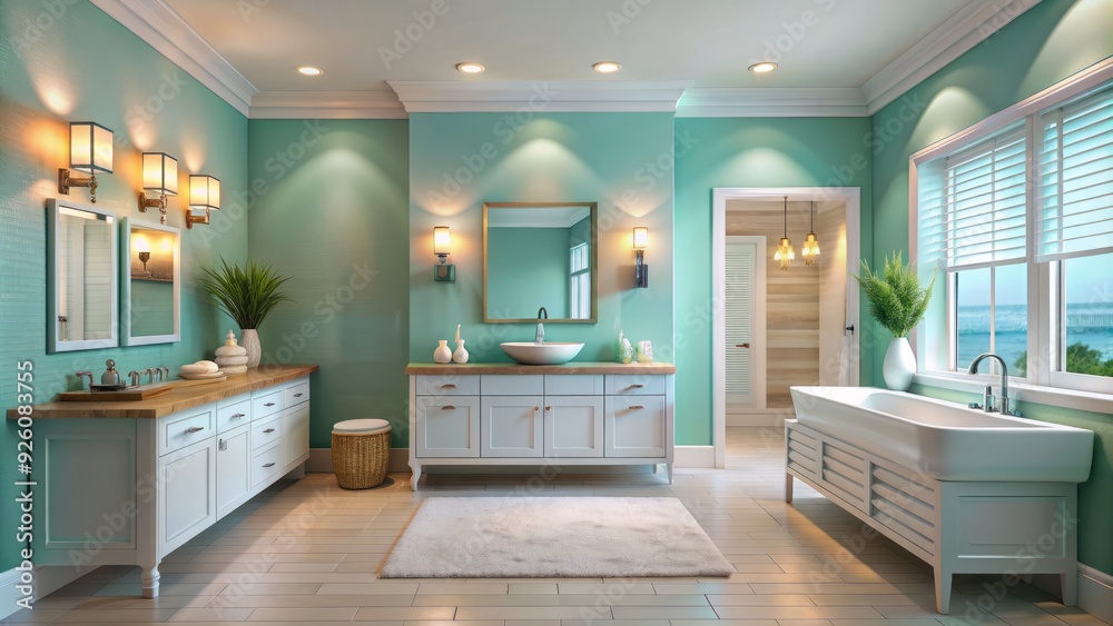 TranquilSeaGlassInspirationalCoastalBathroomWithSoftGlowingLightingCalmTurquoiseWallsAndSleekModernFixtures TranquilSeaGlassInspirationalCoastalBathroomWithSoftGlowingLightingCalmTurquoiseWallsAndSleekModernFixtures