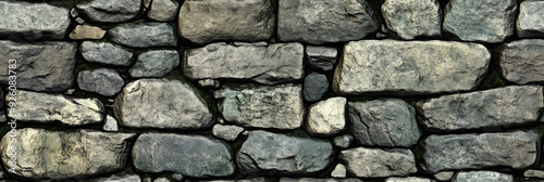 Close-up of a stone wall with moss growing in the crevices.