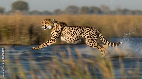 A cheetah running at full speed with the Botswana flag and Okavango Delta in the background