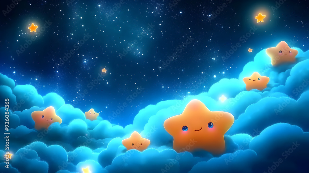Cute cartoon stars with smiling faces float on fluffy blue clouds against a night sky. Cute cartoon stars with smiling faces float on fluffy blue clouds against a night sky.