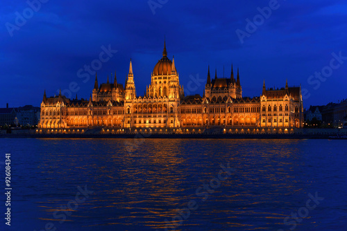 Hungarian Parliament Building at Night with River Background