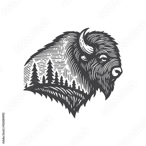 Bison and Tree Hand Drawn Sketch