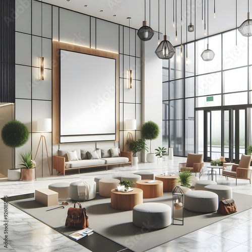 Modern Lobby Interior with Lounge Seating and Large Blank Canvas